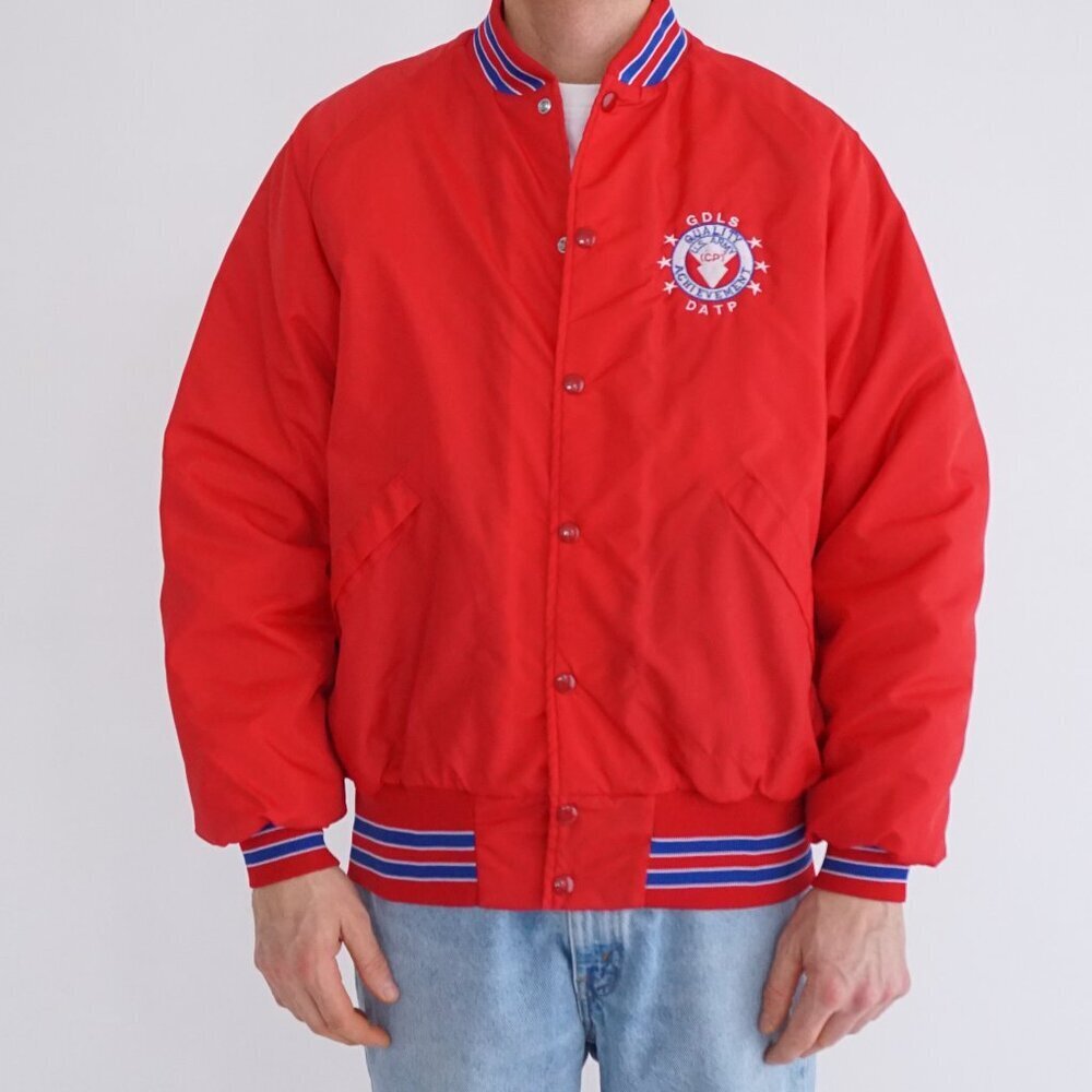 Vintage 80s' Pla Jac Red USA Army Achievement GDLS Bright Nylon Snap Jacket XL